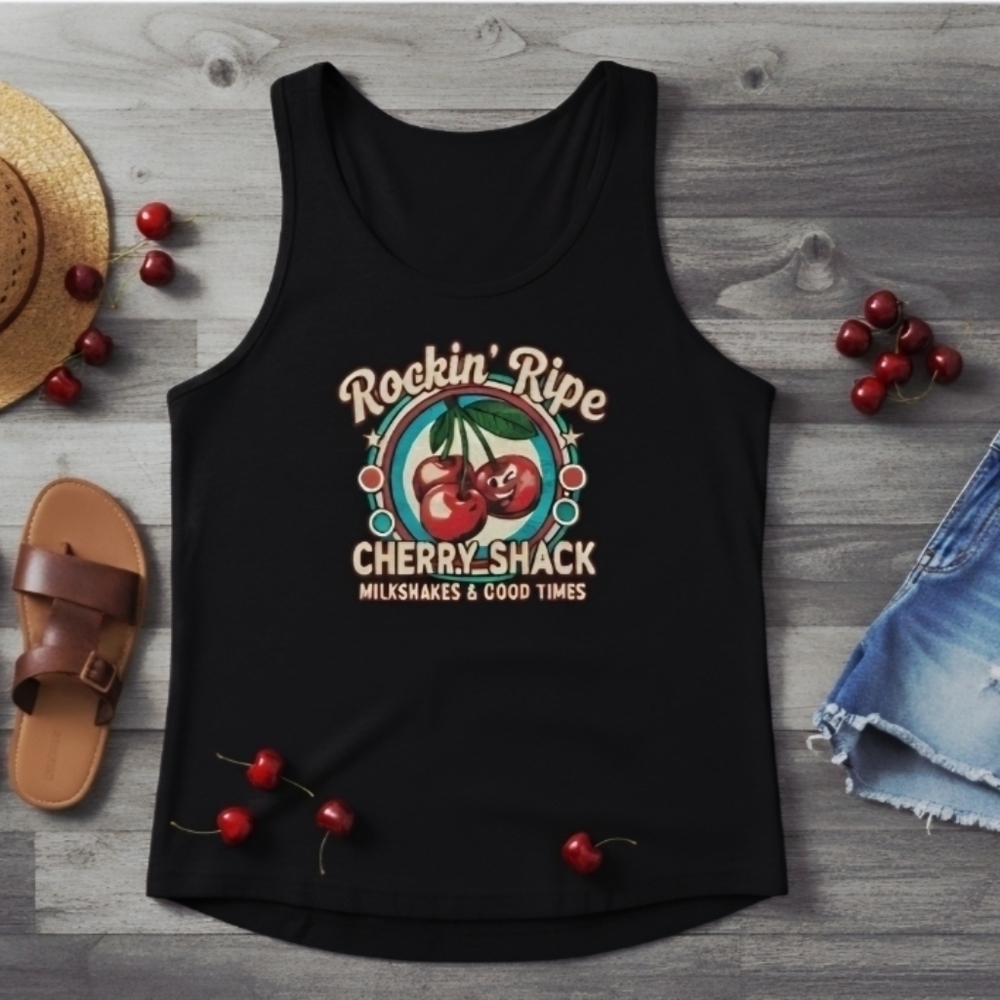 Retro Cherry Shack Tank Top • Rockin’ Ripe Cherries Graphic • Vintage Diner - Picture 7 of 15